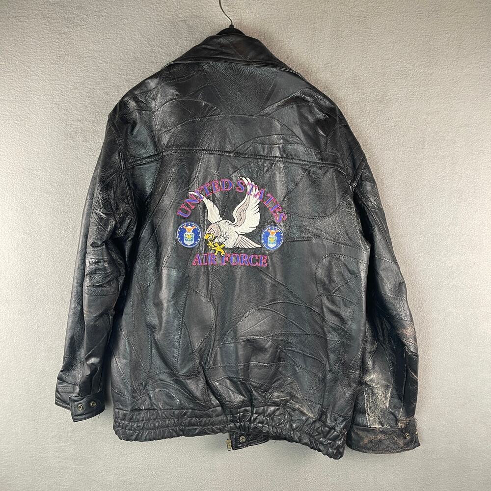 Vintage U. S. Air Force Bomber Black Leather Patchwork Jacket Mens Large
